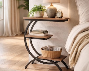 C Shaped Side Table - 3 Tier Industrial End - Metal Wood Shelves - Living Room Decor