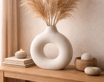Keramische vaas donut, wit boho decor pampagras, cirkelvormige holle ronde vaas, housewarmingcadeau