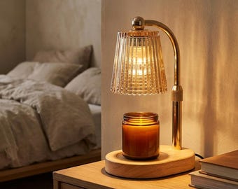 Lámpara calentadora de velas con temporizador y regulador de intensidad, base de madera y pantalla de vidrio acanalado, lámpara de vela sin llama, decoración acogedora estilo Japandi, regalo para amantes de las velas.
