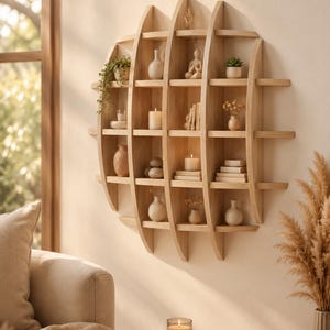 Könnte beinhalten: Ein helles, ovales Wandregal aus Holz mit mehreren Regalböden. Die Regalböden zeigen kleine Vasen, Kerzen, Pflanzen und dekorative Objekte. Das Regal ist an einer hellen Wand befestigt und schafft eine minimalistische Ästhetik.