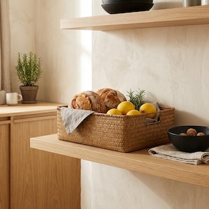 Op de afbeelding: Een keukeninterieur met houten planken en kasten. Een gevlochten mand bevat brood, citroenen en kruiden. Een zwarte kom met ronde voorwerpen ligt op een linnen doek. Een potplant en mokken zijn zichtbaar.