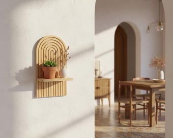 Handgeplukte boho gewelfde houten wandplank, drijvende plantendisplay, rustiek interieur, housewarmingcadeau