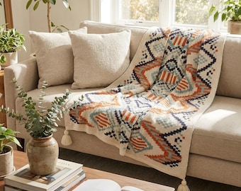 Handgeselecteerde boho-deken, geweven Azteekse deken met kwastje, crèmekleurige bankdeken, zuidwestelijke gebreide deken, gezellig bankdecor, housewarmingcadeau