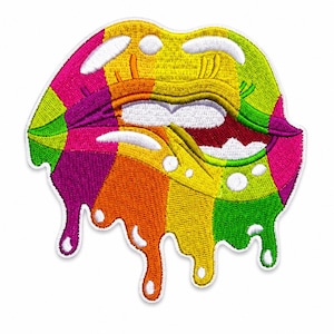 May include: Embroidered patch featuring a colorful, stylized mouth with dripping paint effect. The design incorporates a vibrant palette of yellow, green, orange, pink, and purple, with white teeth and a red interior.