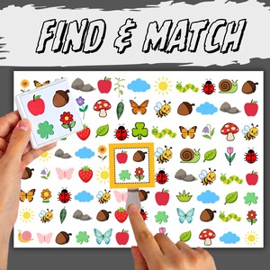 May include: A Find & Match activity sheet featuring a grid of colorful nature-themed icons including apples, acorns, ladybugs, bees, butterflies, mushrooms, and clouds. A square card with four matching icons is held over the grid.
