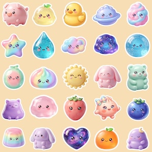Peut inclure: Un ensemble de vingt-cinq autocollants individuels représentant divers personnages et objets avec des visages souriants. Le lot comprend un cochon rose, un canard jaune, une planète bleue, une étoile arc-en-ciel, une goutte d'eau, un nuage, une fraise, une orange, un cœur et plusieurs petits animaux.