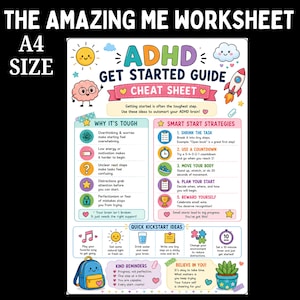 May include: An A4 size ADHD get started guide cheat sheet worksheet featuring colorful illustrations of a sun, brain, rocket, and backpack. The text includes sections titled Why It's Tough, Smart Start Strategies, Quick Kickstart Ideas, and Kind Reminders with tips for managing tasks.