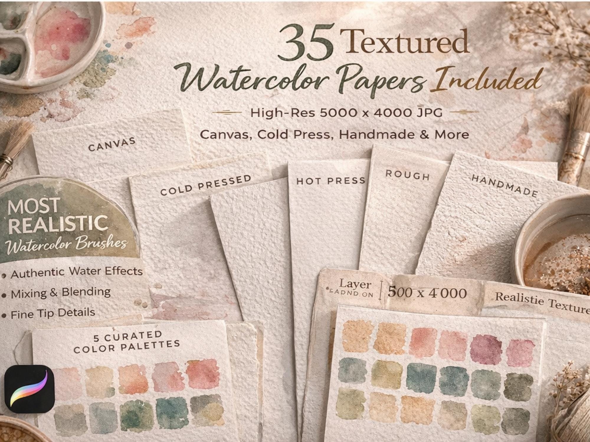 Watercolor Procreate Brushes, Realistic Paint Kit, Paper Texture Pack ...
