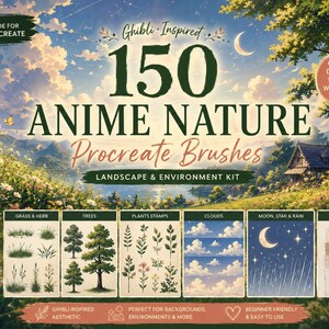Puede incluir: Kit de arte digital para Procreate con 150 pinceles Anime Nature. La imagen muestra un paisaje con una casa, árboles y un lago. Incluye hierba, árboles, sellos de plantas, nubes, luna, estrella, lluvia y texturas de papel.