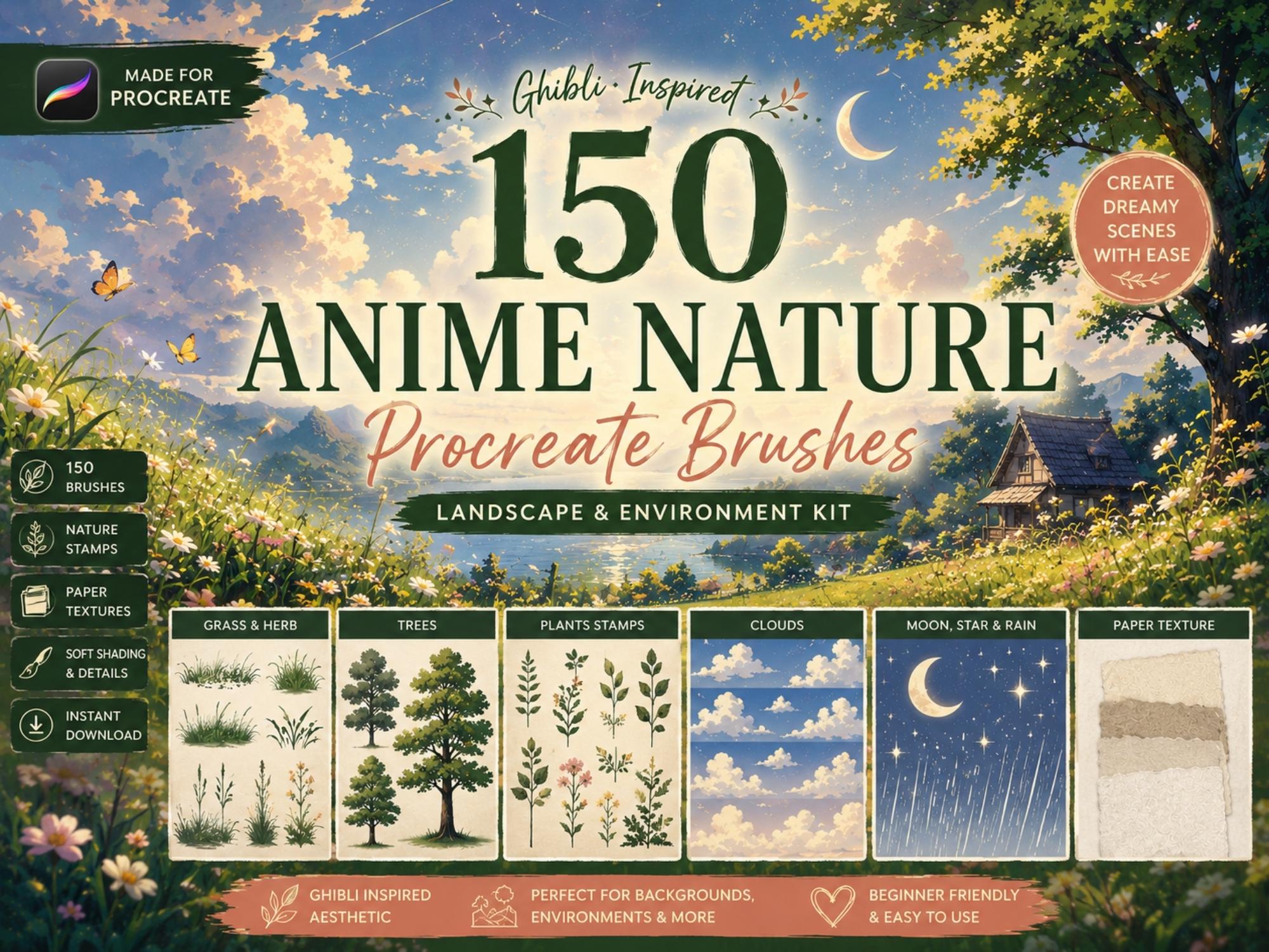 150 Anime Nature Procreate Brushes, Ghibli Inspired Landscape ...
