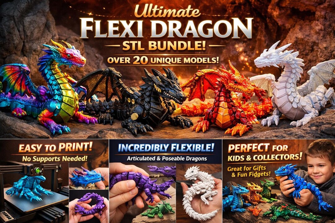 Flexi Dragon STL Bundle Articulated 3D Print Files Print in Place ...