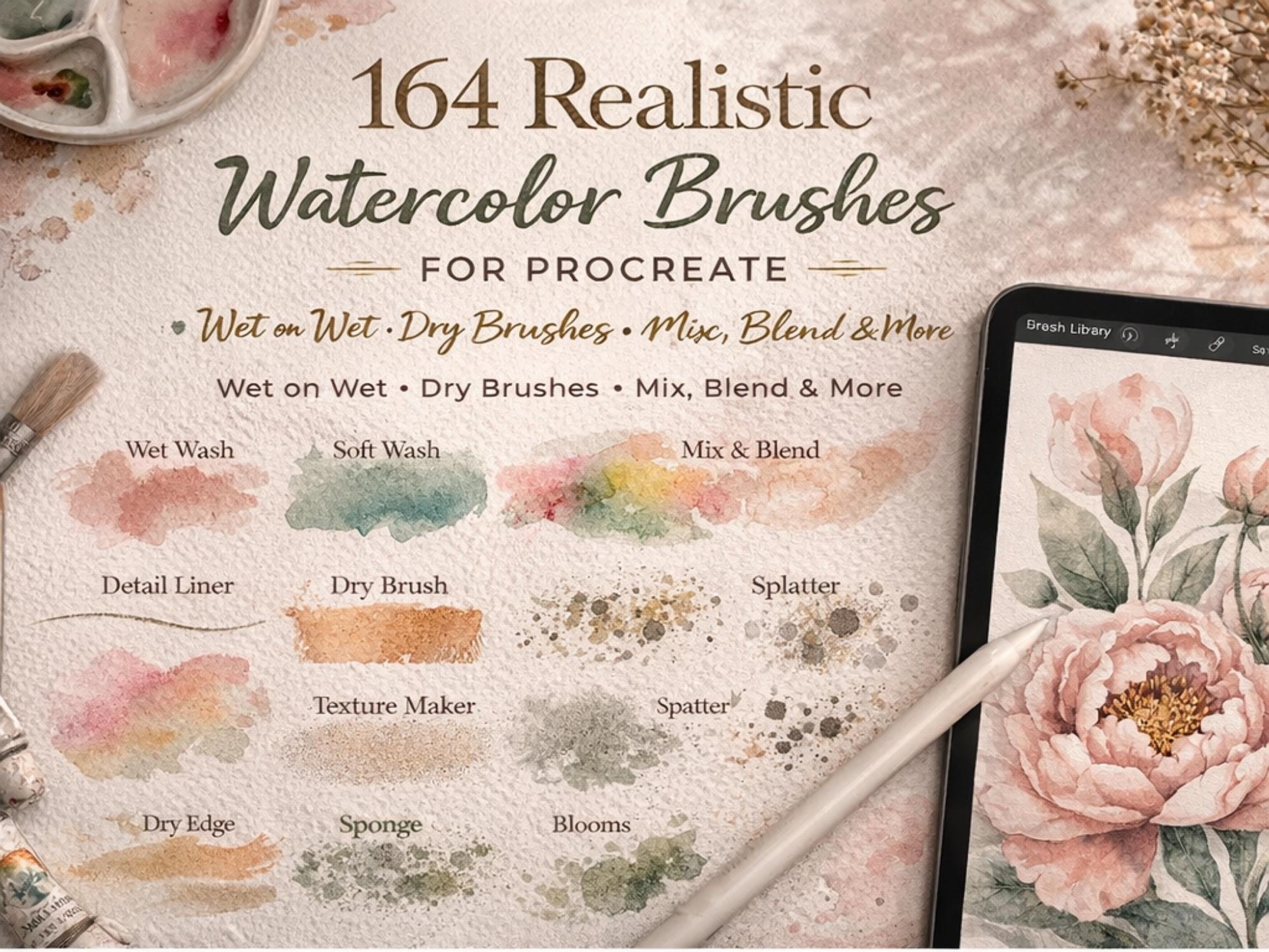 Watercolor Procreate Brushes, Realistic Paint Kit, Paper Texture Pack ...