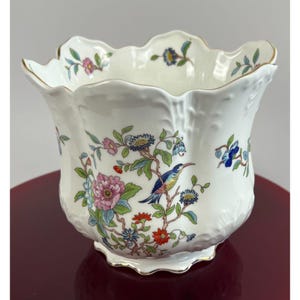 Vintage Aynsley Pembroke Cachepot: Fine English Bone China Planter, Bird Floral Scalloped Gold Trim