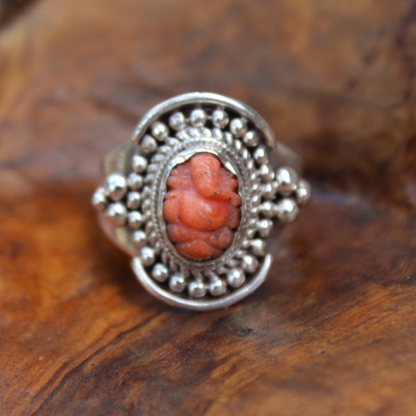 ganesh coral, Ganesha Ring, Elephant Ring, Hindu Ring, Indian Ring, Silver Ring, handmade carved Ganesha, red coral ganesh, red coral ring