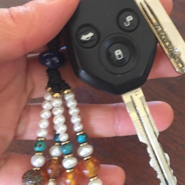 Sapphire Beaded Key Holder, Amber Pearls Turquoise Key chain, Birthstone Key Chain, Gift for him,  Accessories, Gift For Mom, Unique Gift
