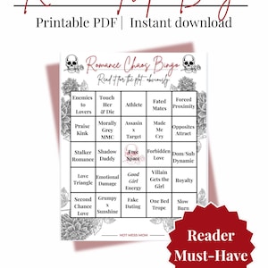 Pode incluir: Um jogo de bingo em PDF imprim&iacute;vel intitulado "Romance Trope Bingo" com um design vermelho e branco. O jogo inclui v&aacute;rios tropos rom&acirc;nticos como "Enemies to Lovers" e "Forced Proximity". O texto "Reader Must-Have" est&aacute; em uma estrela vermelha.