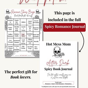 Pode incluir: Um gr&aacute;fico de download digital com o texto "Want More?" e "Romance Chaos Bingo". Inclui uma capa de di&aacute;rio que diz "After Dark Spicy Book Journal" e a frase "O presente perfeito para os amantes de livros."
