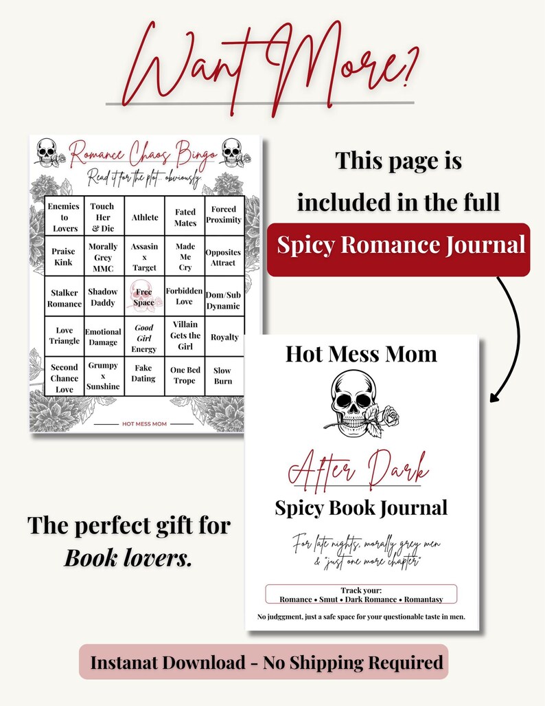 Pode incluir: Um gr&aacute;fico de download digital com o texto "Want More?" e "Romance Chaos Bingo". Inclui uma capa de di&aacute;rio que diz "After Dark Spicy Book Journal" e a frase "O presente perfeito para os amantes de livros."