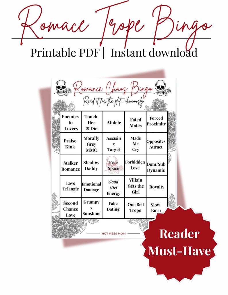 Pode incluir: Um jogo de bingo em PDF imprim&iacute;vel intitulado "Romance Trope Bingo" com um design vermelho e branco. O jogo inclui v&aacute;rios tropos rom&acirc;nticos como "Enemies to Lovers" e "Forced Proximity". O texto "Reader Must-Have" est&aacute; em uma estrela vermelha.