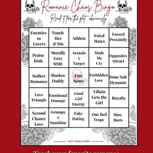 Pode incluir: Um rastreador de leitura vermelho e branco intitulado "Romance Chaos Bingo". A cartela de bingo apresenta tropos rom&acirc;nticos como "Enemies to Lovers" e "Forced Proximity". O texto "Read it for the plot...obviously" est&aacute; escrito em it&aacute;lico.
