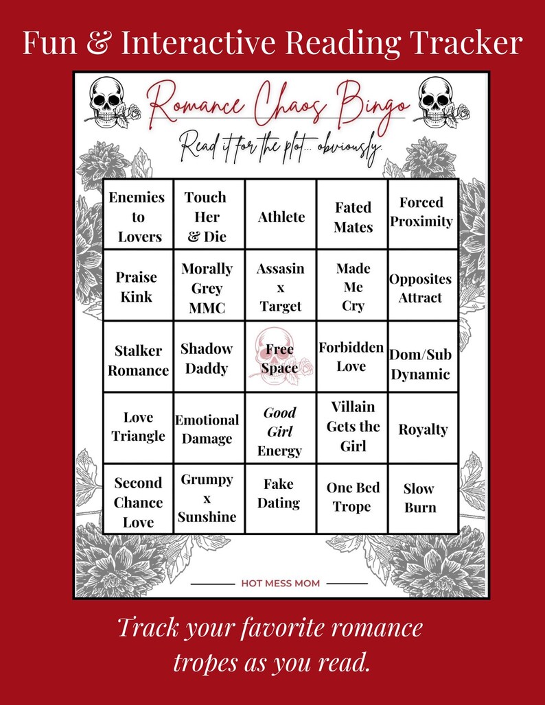 Pode incluir: Um rastreador de leitura vermelho e branco intitulado "Romance Chaos Bingo". A cartela de bingo apresenta tropos rom&acirc;nticos como "Enemies to Lovers" e "Forced Proximity". O texto "Read it for the plot...obviously" est&aacute; escrito em it&aacute;lico.