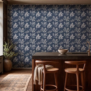 Indigo botanisk tapet | Blå blommig tapet | Vintage botaniskt mönster | Självhäftande tapet | Traditionell tapet