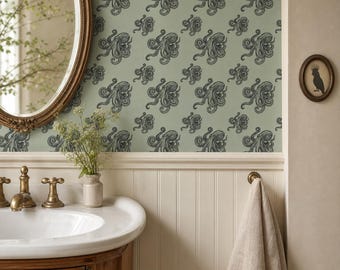 Sage Octopus Wallpaper | Botanical Coastal Wallpaper | Vintage Marine Pattern | Peel and Stick Wallpaper