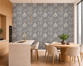 Graphite Botanical Wallpaper | Dark Floral Wallpaper | Moody Vintage Botanical Print | Peel and Stick Wallpaper | Traditional Wallpaper