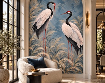 Mural de papel pintado de grulla japonesa, mural de pared azul de estilo chinoiserie, elegante papel pintado de pájaros, papel pintado botánico de lujo, decoración de pared de inspiración asiática