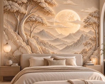 May include: A wall mural featuring a three-dimensional relief of a landscape with textured trees, rocky mountains, and a large full moon. The scene is rendered in monochromatic beige and cream tones, creating a layered effect above a bed.