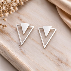 925 Sterling Silver Double Triangle Stud Earrings | Geometric Open Frame — Gift for Her UK