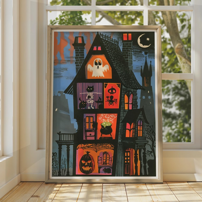 Haunted House Cutaway Poster, Retro Spooky Halloween Wall Art Print - Etsy
