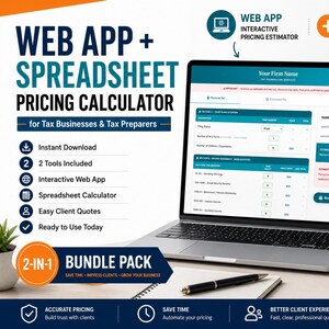 May include: A laptop and tablet showing a pricing calculator interface, with the text "WEB APP + SPREADSHEET PRICING CALCULATOR". A coffee mug with the text "PRICE QUOTE GROW" is next to the tablet. The image promotes a 2-in-1 bundle pack for tax businesses.