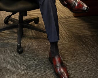 Men's Burgundy Single Monk Strap Shoes, Oxblood Leather Cap Toe Dress Shoes for Wedding & Business