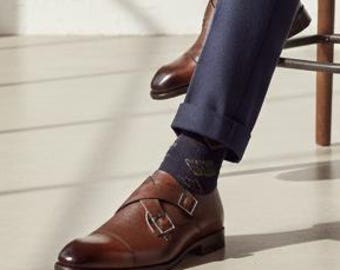 Brown Double Buckle Custom Made Leather Shoe For Men, Gift For Boyfriend