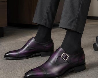 Purple Leather Monk Strap Shoes, Men's Single Buckle Cap Toe Dress Shoes, Formal Wedding Footwear, Handmade Patina