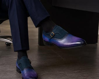 Blue Purple Patina Monk Strap Shoes, Leather Dress Shoes, Single Buckle Formal Footwear