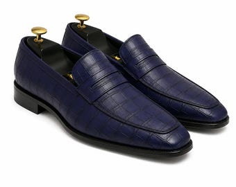 Men’s Blue Penny Loafers | Handmade Crocodile Leather Loafers | Barefoot Style
