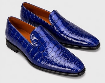 Blue Crocodile Loafers Men's Leather Sole Barefoot Dress Shoes