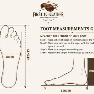 May include: Foot measurement guide with illustrations of a foot and instructions. The guide includes steps for measuring foot length and width, with labeled diagrams for clarity. The Finstitchleather logo is at the top.
