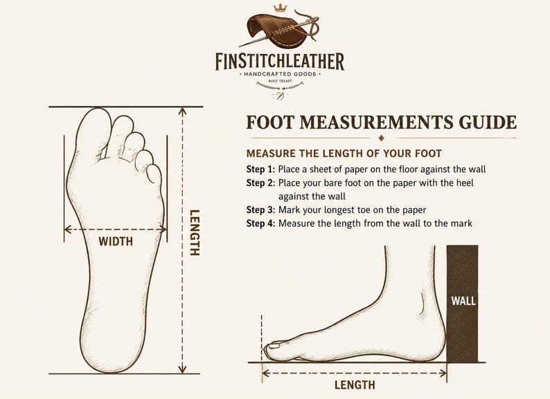 May include: Foot measurement guide with illustrations of a foot and instructions. The guide includes steps for measuring foot length and width, with labeled diagrams for clarity. The Finstitchleather logo is at the top.