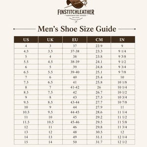 May include: A shoe size conversion chart for men, with US, UK, EU, CM, and IN measurements. The chart includes sizes from US 4 (22.9 cm, 9 in) to US 15 (31.7 cm, 12 1/2 in). The brand logo "FINSTITCHLEATHER" is at the top.