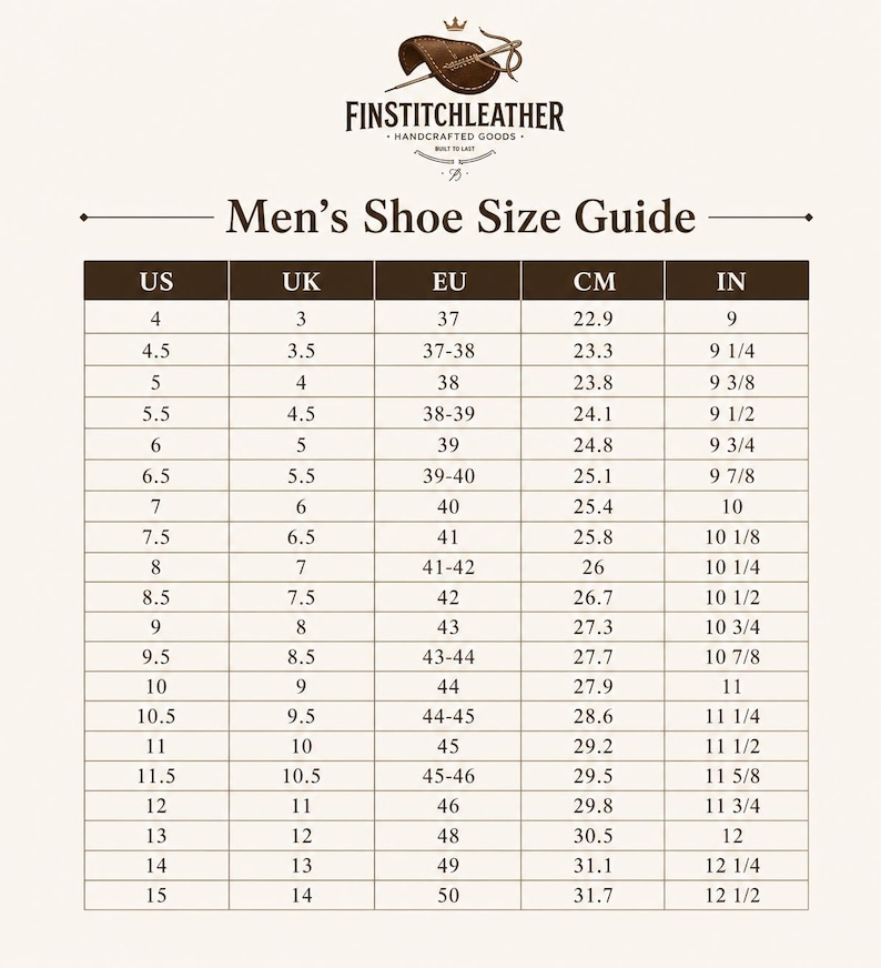 May include: A shoe size conversion chart for men, with US, UK, EU, CM, and IN measurements. The chart includes sizes from US 4 (22.9 cm, 9 in) to US 15 (31.7 cm, 12 1/2 in). The brand logo "FINSTITCHLEATHER" is at the top.