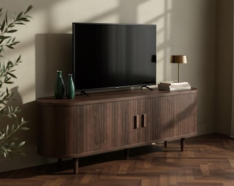 Mid Century Modern TV Stand with Sliding Doors & Power Outlet, Wood Entertainment Center with Adjustable Shelves for Living Room