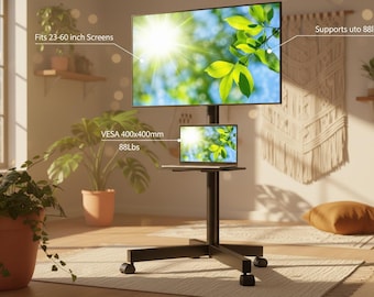 Rolling TV Stand with Wheels for TVs, Lcd, Led Mobile TV Cart with Shelf, Tilt Adjustable Portable TV Stand