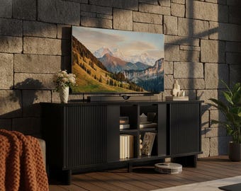 65" Mid Century Modern TV Stand, Fluted TV Console for 70 Inch TV, Entertainment Center with Sliding Doors, Wood Media Console Cabinet