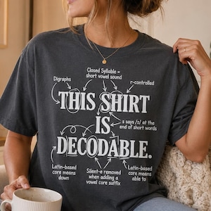 Op de afbeelding: Een antracietgrijs t-shirt met korte mouwen en witte tekst "THIS SHIRT IS DECODABLE." Het ontwerp bevat diverse taalkundige annotaties met pijlen die naar specifieke woorden wijzen, met uitleg over concepten zoals digrafen, gesloten lettergrepen en r-gecontroleerde klinkers.