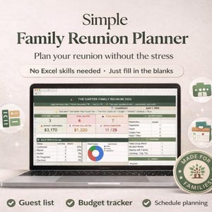 Family Reunion Planner Spreadsheet, Guest List, Budget Tracker (Digital Download)