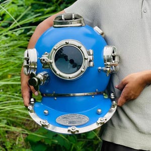 Blue Coated Diving Helmet: Collectible Maritime Deep Sea Decor