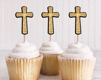 Set of 12 Glitter Cross Cupcake Toppers – Baptism, First Communion, Christening & Confirmation Party Decorations